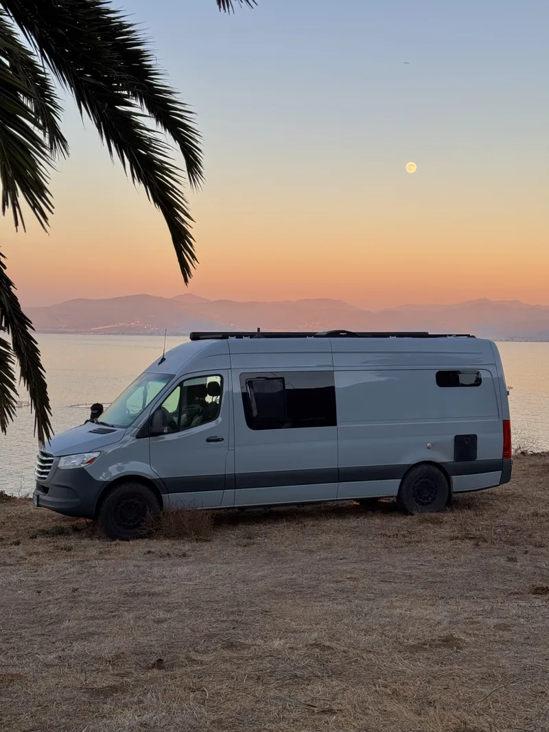 Pebbles beside the ocean with a palm tree at sunset