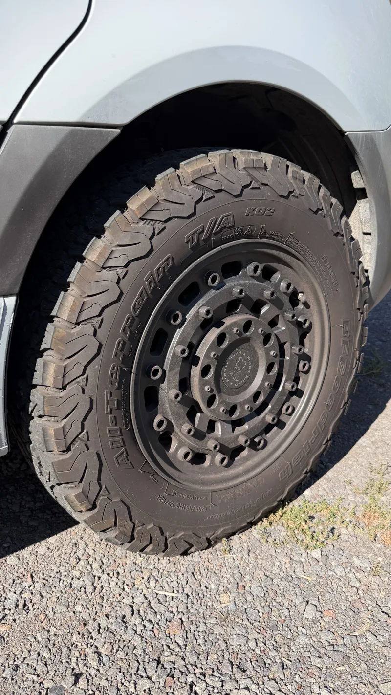 Close-up of a Black Rhino wheel and all-terrain tire