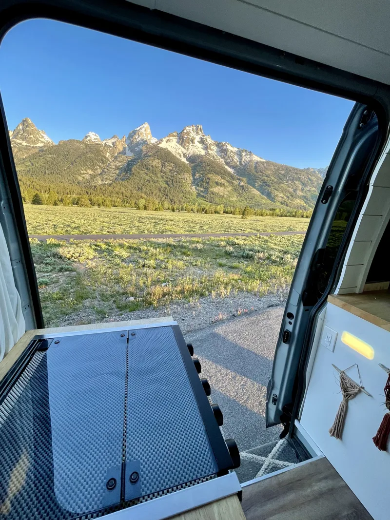 Mountain view through the open kitchen door