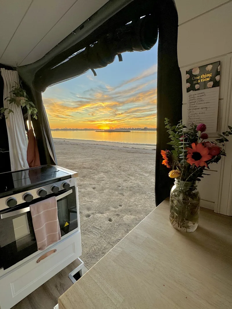 Flowers in the kitchen beside a sunset view