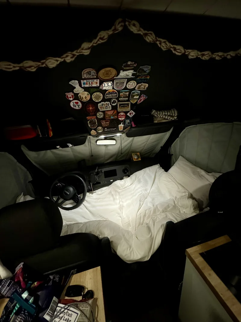 Luno air mattress set up across the cab seats